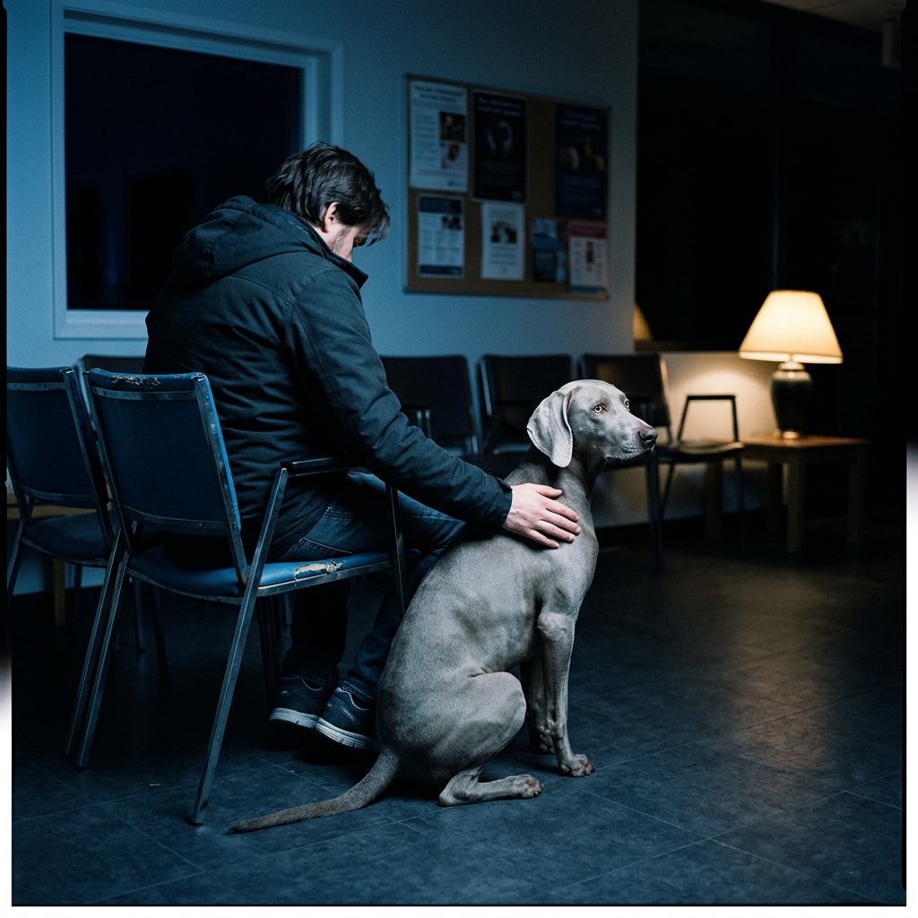 Eine Person sitzt nachts in einem abgedunkelten Wartebereich, die Hand auf dem Rücken eines ruhig sitzenden Weimaraners.