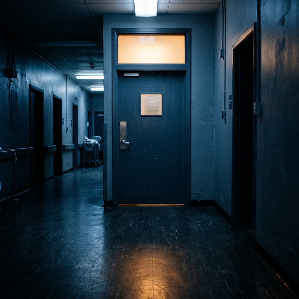 Eine geschlossene Behandlungsraumtür in einem dunklen Klinikflur, aus dem Oberlicht fällt warmes Licht.