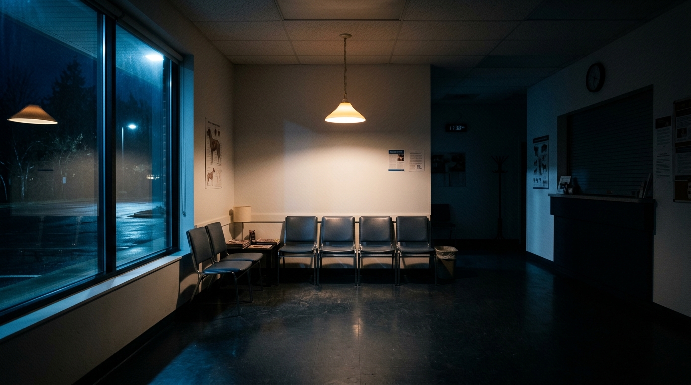 Ein leerer Wartebereich einer Tierklinik bei Nacht, eine einzelne warme Lampe über den Stühlen, draußen blaues Dunkel.